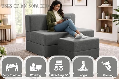 Image of Rosebell Foldable Sofa-Cum-Bed with Ottoman | 3-in-One Foldable Sofa, Lounger & Bed-3x6 Feet One Seater- Perfect for Home & Office -Grey-Color