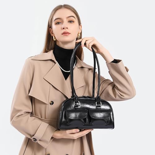 Image of Fozehlad Y2K Shoulder Bag for Women Retro PU Leather Tote Handbag Multi-Pocket Hobo Bag with Zipper for Gifts
