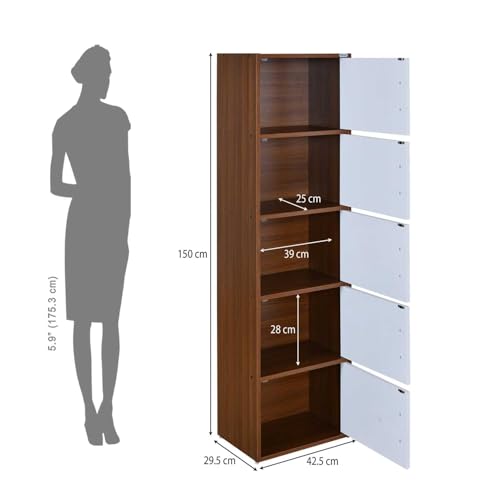 Image of Nilkamal Sear 5 Tier Wooden Storage Cabinet | Free Standing Book Shelf with 3 Doors & 3 Spacious Shelves | Engineered Wood | Organizer for Home & Office | Classic Walnut & White | DIY(Do It Yourself)