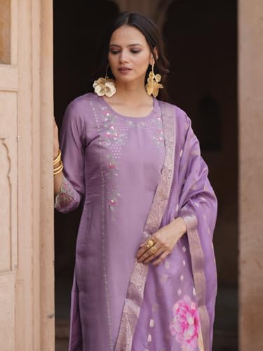 Image of VredeVogel Kurta Set with Dupatta | Viscose Rayon Embroidered Kurta Set for Women | Women's Ethnic Casual Kurti Set |Kurta Pant Festive Suit