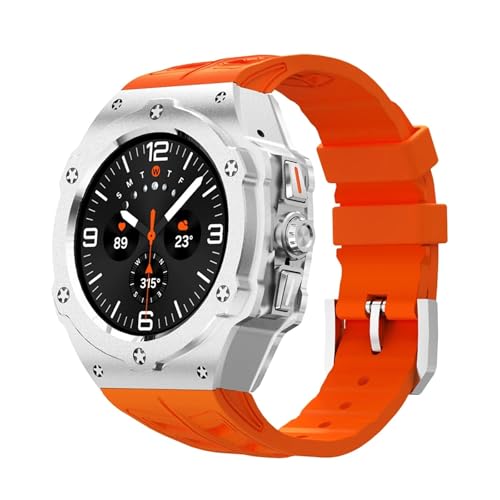 TOPBD Luxury Modification Kit for Samsung Galaxy Watch Ultra 47mm Stainless Steel Case Silicone Strap for Ultra 47mm DIY Accessorie Watchbands(Orange Silver)