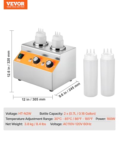 Image of VEVOR Electric Bottle Warmer with Bottles, 0.8x2 LCommercial Cheese Dispenser, Hot Fudge Warmer 86-185℉ Temp Adjustable, Plastic Double Bottles Nacho Cheese Warmer, for Hot Fudge Cheese Caramel