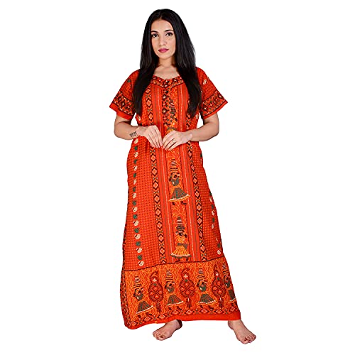 Indian Handicraft Palace Cotton WomenGirls Night GownSleep WearNight WearNightyCasual Wear-025 Orange, One Size