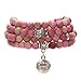 Bivei 108 Mala Beads Bracelet - Genuine Gemstone Mala Prayer Beads Lotus Charm Meditation Necklace-Rhodonite