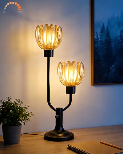 Image of Lightdot Mid Century Modern Flower Table Lamp for Bedroom Black Dimmable | Nightstand Lamp Amber Glass Vintage Desk Lamp 2 Bulbs Included Warmwhite Ambient Bedside Lamp for Living Room Home Decor Gift