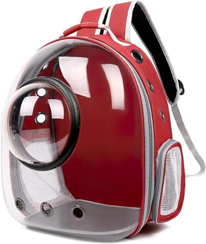 Mochila para Gatos, Mochila para Gatos Al Aire Libre, Mochila Impermeable Transparente para Perros, Mochila Mascotas con Cápsula De Espacio Ventilado(Rojo, Cubierta Transparente)