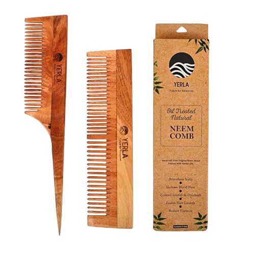 Image of YERLA Handmade Kacchi Neem Wooden Comb Set for Women & Men | Herbal Hair Growth Comb Infused with 17 Herbs & 4 Natural Oils | Anti-Dandruff, Frizz Control & Shine | Multi-Size Wooden Comb Combo (Pack of 2)