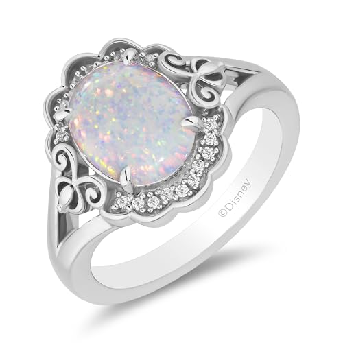 Jewelili Enchanted Disney Fine Jewelry Sterling Silver with 1/20 CTTW Diamonds and Created Opal Cinderella Ring