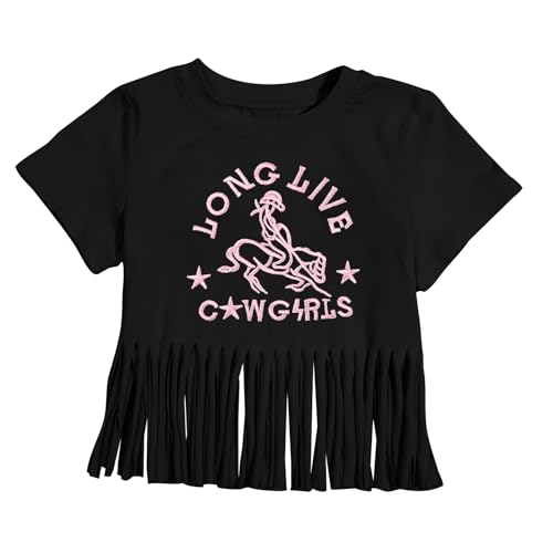 Image of Girls Western Shirt Cowgirls Embroidered Country Concert T Shirt Graphic Horseback Rider Tassel Fringe Tee Tops