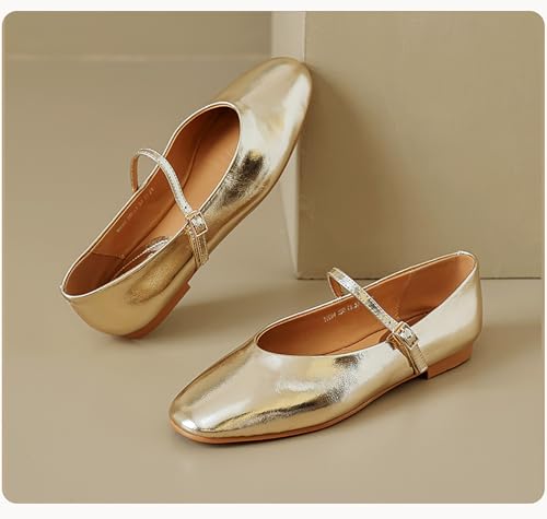 Leather Mary Jane Flats Shoes for Women Closed Round Toe Ballet Flats with Buckle Strap Comfort Walking Work Shoes Gold4