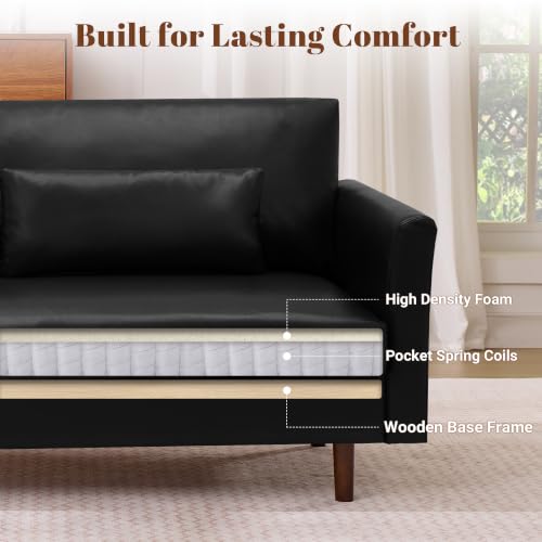 Image of Kingfun Faux Leather 3-Seater with Side Pocket, Black