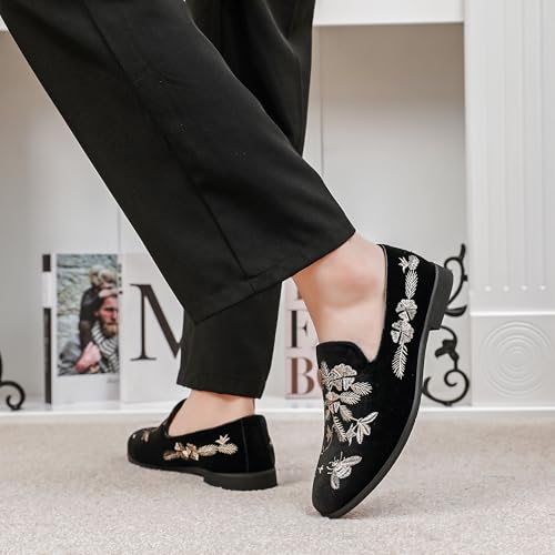 LCQL Men's Luxury Velvet Embroidery Loafers Slip On Flat Boats for Prom Party Wedding Office Outdoor Indoor Shoes Size 7-143
