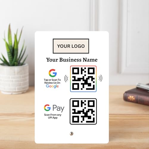Image of Combo Standee for Review & UPI Payment | NFC Tap-to-Review + QR Code for Payment | Custom Acrylic Stand with Logo & Name | Dual Function Counter Display