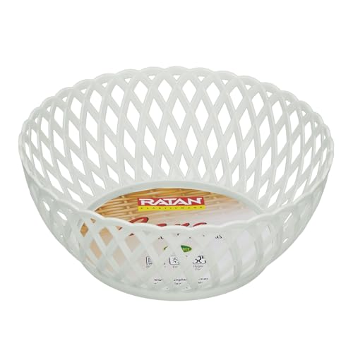 Image of RATAN PLASTICWARE Cane Large Plastic Storage Basket for Fruits, Vegetables & Snacks - Decorative Woven Design for Kitchen, Dining Table & Home Use I Pack of 6 - off white