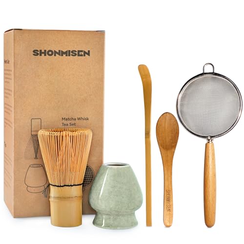 Shonmisen Traditional Matcha Tea Whisk Set with Bamboo Chasen, Ceramic Holder, Scoop, Spoon, Strainer, 5 Piece Japanese Ceremony Kit matcha whisk