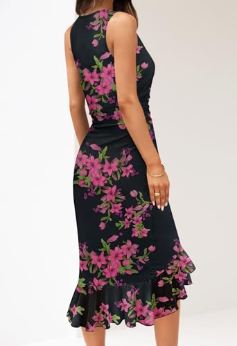 MEROKEETY Women's Summer Floral Bodycon Dress Square Neck Sleeveless Ruffle Hem Cocktail Mesh Midi Dress2