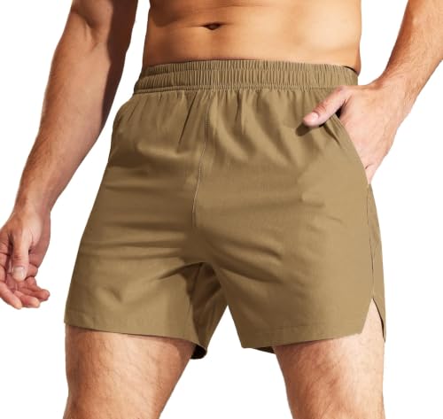 MIER Men's 5 Inch Inseam Running Shorts, Quick-Dry with Pockets, Khaki M