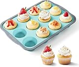 mofenmian Molde de silicona para hornear magdalenas con marco reforzado de metal, antiadherente, 12 tazas, bandejas de silicona para magdalenas, moldes fáciles de reventar, aptos para horno