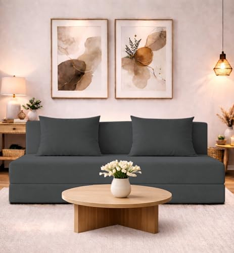 Image of Adorn India Easy 4 Seater Sofa Cum Bed | Velvet Fabric | Dark Grey | Plain Design | 6x6 Ft | Comfortable Seating | Washable Cover | Perfect for Home & Office