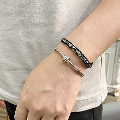 Kelitch Silver Skull Crystal Beaded Bracelets For Women Braided Leather Wrap Bracelets Gothic Cuff Handmade Fashion Jewelry - Black #TOP3