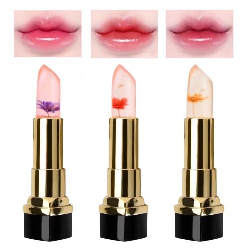 3 Piezas Labial Flor Cambia de Color Pintalabios,Pintalabios Crystal Flower Jelly,Colores Mágicos Que Cambian de Temperatura,Larga Duracion Hidratante,Regalos para Mujeres