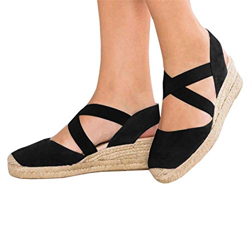 PiePieBuy Womens Espadrille Platform Wedge Sandals Closed Toe Mid Heel Ankle Sandals Black - Thumbnail 3