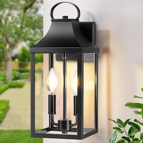 Image of 15 inch Black Outdoor Wall Lantern 2-Light, Outside Wall Sconce Light | Industrial Porch Light Wall Mount with E12 Sockets, Waterproof Modern Exterior Lamp Lighting, Black (No Sensor)