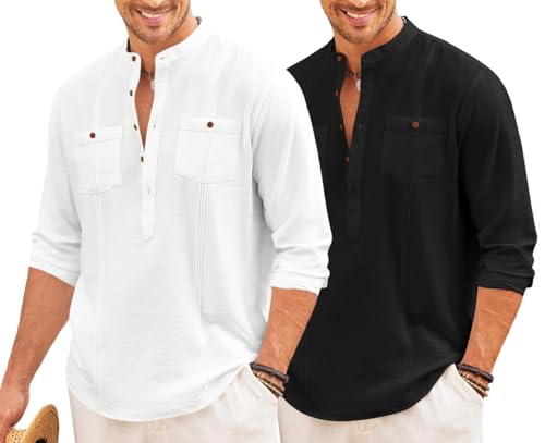 Image of Macsivo Combo of Men's Regular Fit Cotton Blend Solid Casual Short Kurta with Mandarin Collar and Pockets Kurta Pack of 2