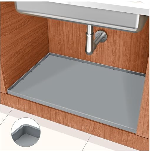 Silicone Kitchen Sink Drain Mat, Silicone Liner Drip Tray with Drain Hole, Kitchen Bathroom Cabinet Mat and Protector for Drips Leaks Spills Tray Organizer