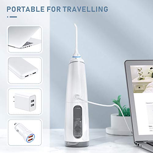 Liberex Cordless Water Flosser - 4 Modes Portable Oral Irrigator with OLED Display Screen, 5 Jet Nozzles, IPX7 Waterproof 300ml Reservoir, Teeth Cleaner for Teeth Braces, USB Rechargeable (White)