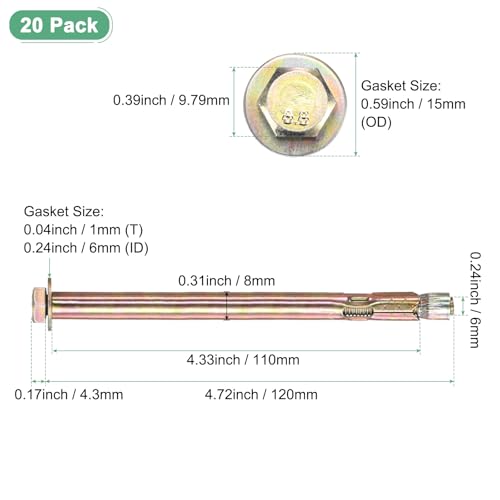 Image of M METERXITY 20-Pack Hex Expansion Bolt, M6x120mm Colored Galvanized Iron-Carbon Steel External Hex Expansion Bolts, Anti-Corrosion Metal Bolt for Concrete /Dry Brick /Block Walls