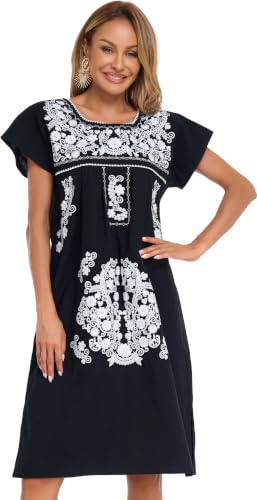 Image of YZXDORWJ Women Mexican Embroidered Long Dress Ruffle Collar Maxi Boho Floral Summer Short Sleeve