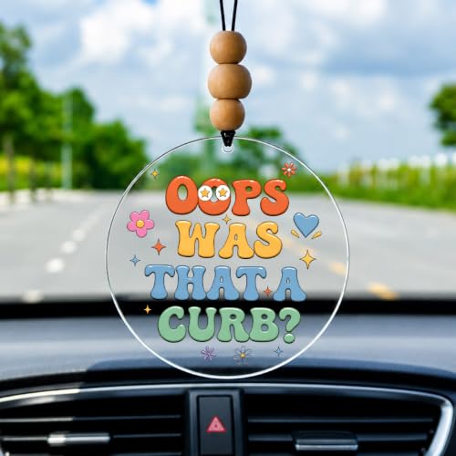 Talataca Oops was that A Curb 2D Flat Car Ornament & Wood Beads, Funny Quote Beaded Rear View Mirror Accessories, Retro Rearview Hanging Charm, Christmas Tree Decor