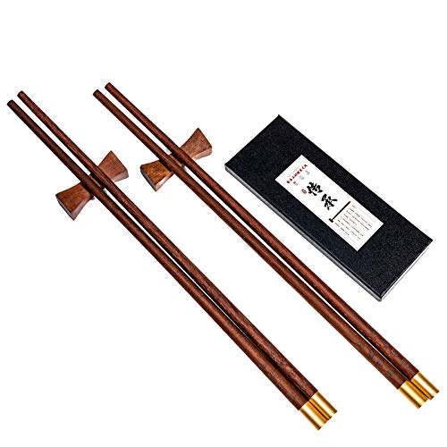 WANGYUANJI 2 Pairs Wood Chopsticks Red Sandal Round Copper Head, Reusable Chinese Chopsticks Sets with Unique Package for Family Dinners