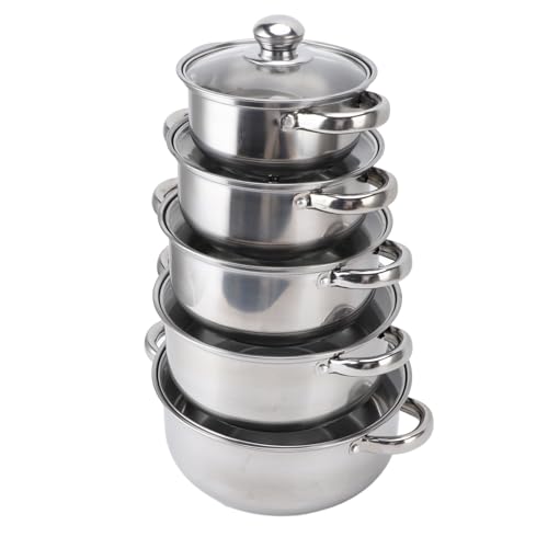 OVAQUIXI Juego de Utensilios de Cocina de Acero Inoxidable, 5 Piezas de Ollas y Sartenes con Tapas de Vidrio, Diseño Apilable, Asas Térmicas para Placas de Inducción, Apto para