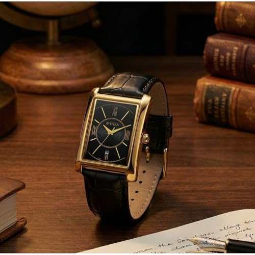 Image of Titan Regalia Allure Analog with Date and Black Dial Black Leather Strap Watch for Men - 10046YL01
