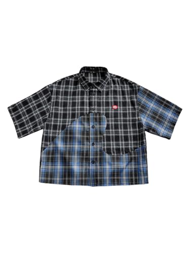 GORGLITTER Men's Plaid Button Down Shirts Hip Hop Y2K Colorblock Short Sleeve Collared Neck Shirt
