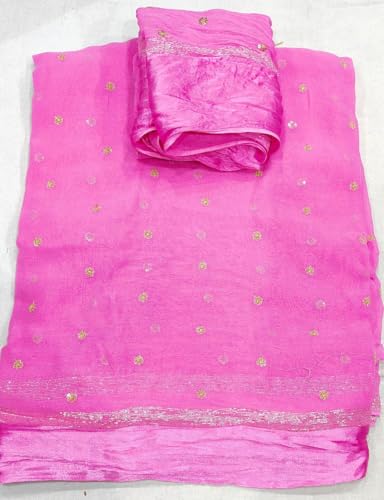 Image of Pure Georgette Sequence Work Saree with Contrast Blouse, Satan Patta Fabric