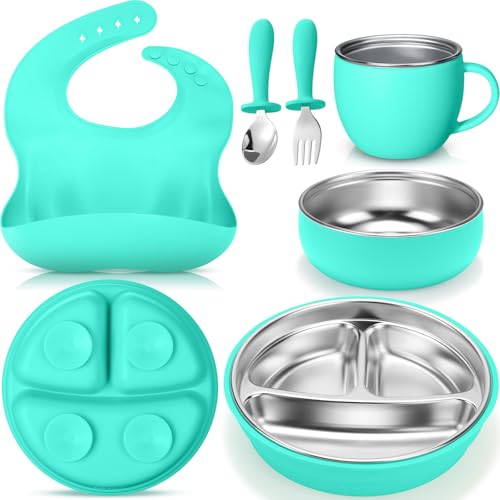 Lista de Venta de tazas más recomendados. 40 Nuogo - Juego de 6 platos y cuencos de acero inoxidable 304 para niños con ventosas de acero inoxidable y taza para niños pequeños con silicona extraíble, tenedores y cucharas,...