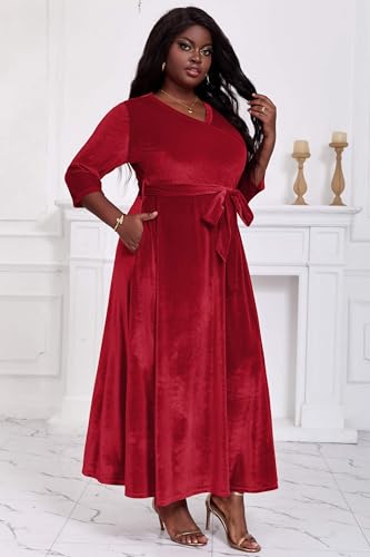 Image of Runwind Plus Size Dress for Women - 3 /4 Sleeve V Neck Maxi Dresses for Women (XL-6XL)