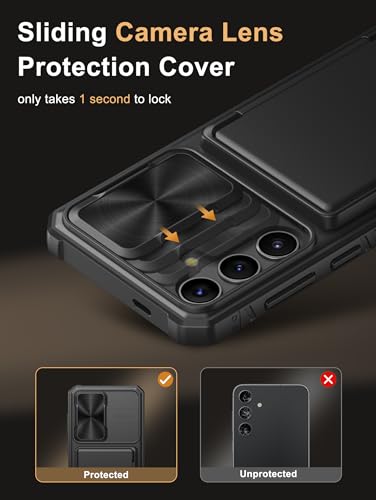 Image of Vihibii for Samsung Galaxy S24+ Back Cover with Card Holder (4 Cards) & Slide Camera Cover & Kickstand, Shockproof Rugged Hard Back & TPU Soft Edge Case for Galaxy S24 Plus, Black