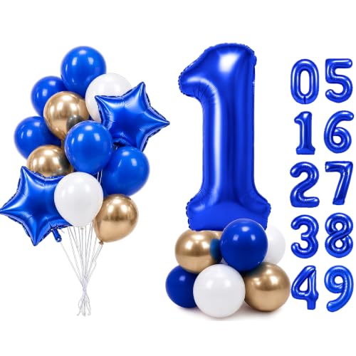 Image of PartyWoo Royal Blue Number 1 Balloon 40 Inch 25pcs Blue Star White Gold
