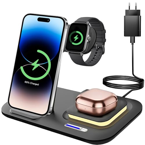 【Stazione di Ricarica Wireless Multifunzionale】 La stazione di ricarica wireless supporta la ricarica di quattro dispositivi contemporaneamente (telefono cellulare/cuffie/orologio + interfaccia USB) e si trasforma in un supporto per cellulare antiscivolo. Adotta un cuscinetto in silicone antiscivolo e un design scientifico inclinato per garantire una ricarica stabile. Di' facilmente addio ai cavi disordinati e goditi la comodità e l'eleganza di una scrivania ordinata.