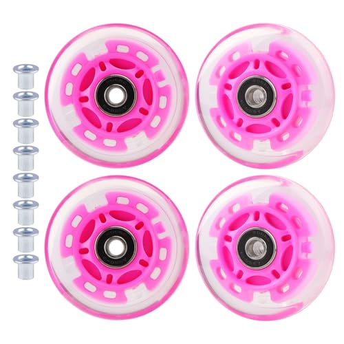 WHEELGOO 4-Pack PU Inline Skate Wheels Flashing Wheels Replacement w/Bushings for Kids Youth Children's Roller Skates (Pink, 80mm)