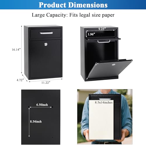 Image of Jssmst Locking Mailbox for Outside, Key Lock Wall Mount Mailboxes Large, Security Drop Box with Lock, 16.2H x 11.22L x 4.72W Inches, Black XLarge