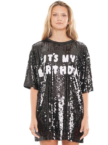 Birthday Sequin T-Shirt Dress, Black and White, Oversized Fit (US,