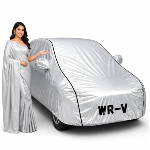 Image of Waterproof Car Body Cover for WR-V All Weather Protection Comes with Inner Cotton Lining & Triple Stitched with Mirror & Antenna Pocket Belt & Elastic Fit Metallic Silver with Black Piping1