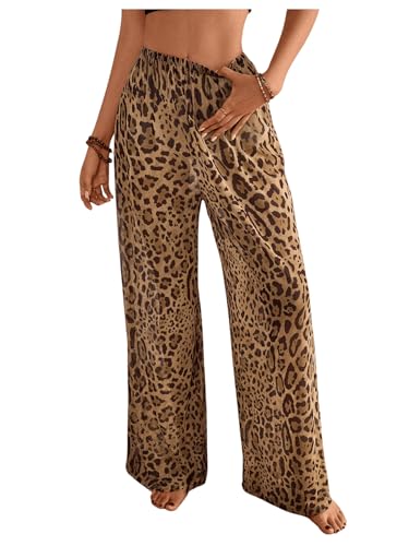 MakeMeChic Women's Leopard Print Pants Elastic Waist Lounge Pants Wide Leg Loose Long Pajama Pants
