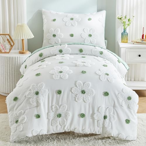 Image of Toddler Bedding Set for Girls 4-Piece Sage Green Boho Tufted Daisy Flowers Toddler Comforter Set Bed-in-a-Bag Toddler Sheets Bedroom Set with Toddler Comforter, Flat Sheet, Fitted Sheet, Pillowcase