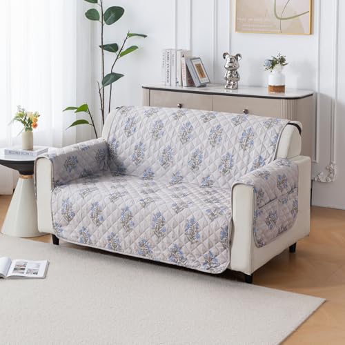 Image of House of Quirk 'Mughal Series' Anti-Slip Sofa Cover Mat with Pocket | Polyester Couch Protector for Pets, Kids & Spills (Beige Wildflower, 180x120cm, Two Seater)